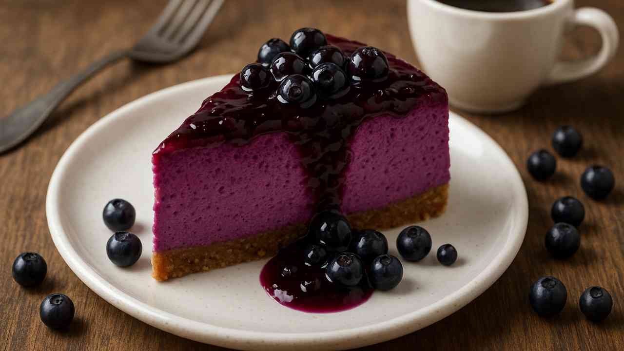 A slice of vibrant huckleberry cheesecake topped with fresh huckleberries and sauce on a white plate