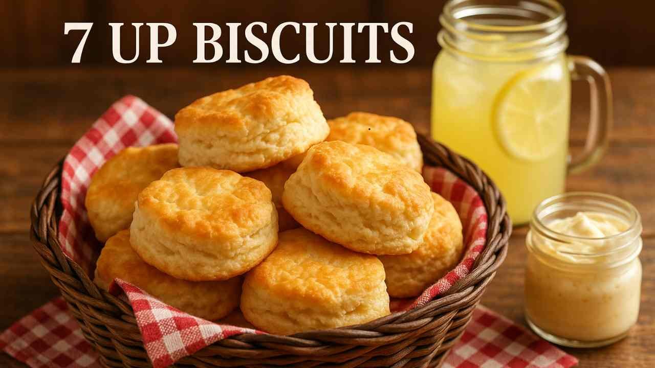 Golden brown 7 Up biscuits stacked in a wicker basket lined with red checkered cloth, with lemonade and honey butter in the background