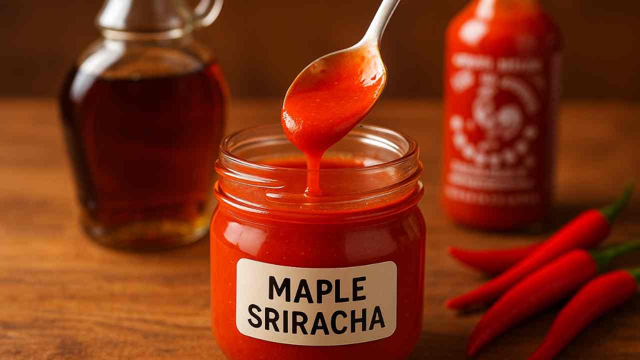 A jar of maple sriracha sauce with a spoon dripping the spicy-sweet sauce, surrounded by chili peppers and a bottle of sriracha sauce in the background.
