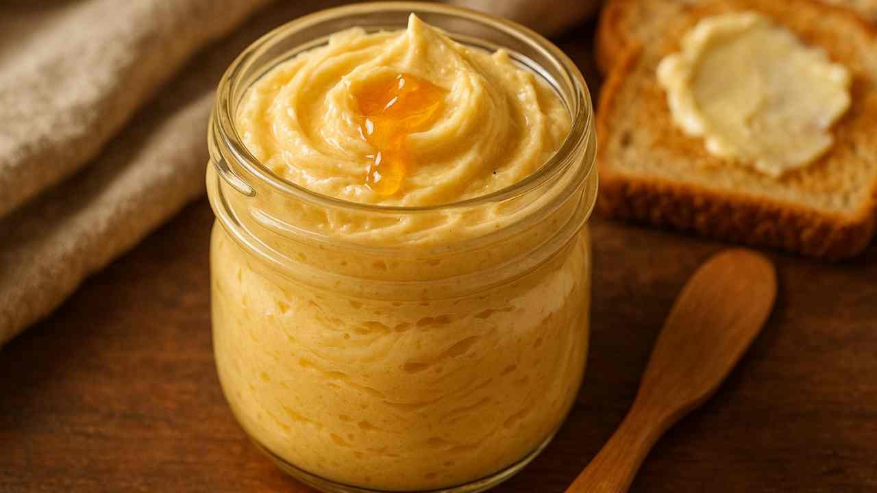 A close-up of whipped honey butter in a jar with honey dripping from the top, served alongside a slice of buttered toast and a wooden spoon.