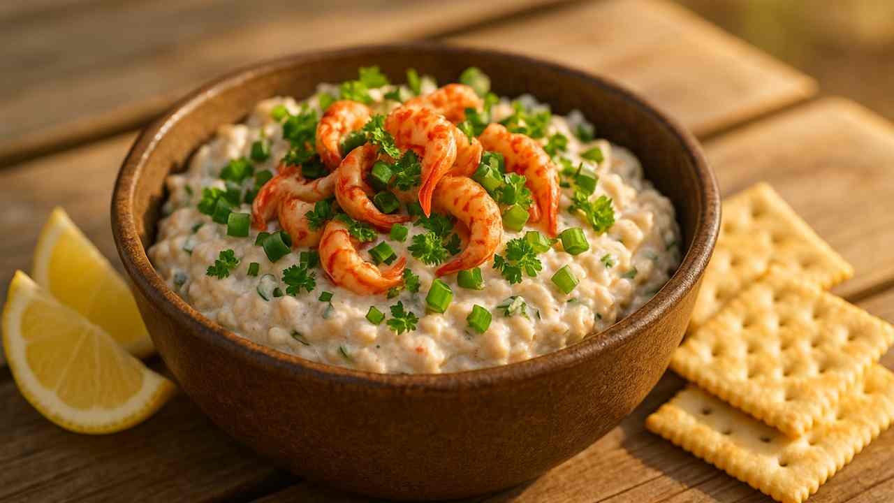 A bowl of creamy crawfish salad topped with shrimp, green onions, and fresh parsley, accompanied by lemon wedges and crackers on the side.