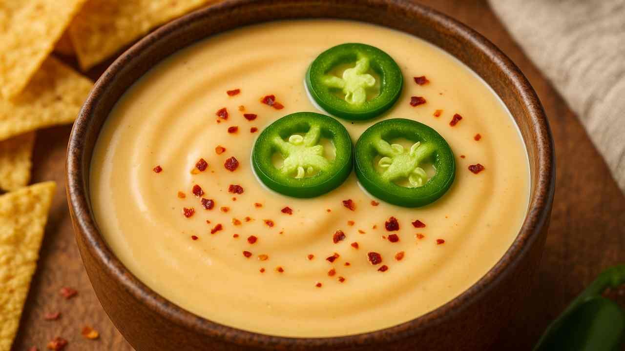A bowl of creamy jalapeño cheese dip topped with fresh jalapeño slices and red chili flakes, served with tortilla chips on the side.