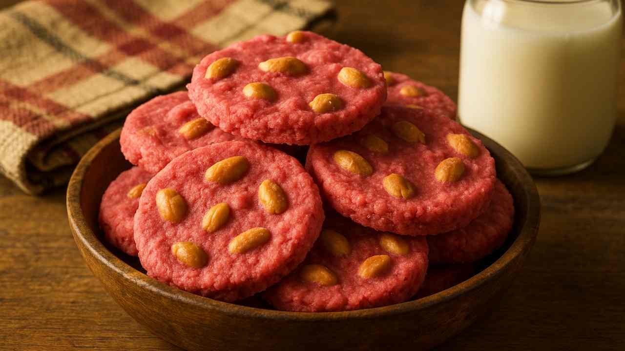 A bowl of freshly baked peanut patties with a pink hue, topped with roasted peanuts, and served with a glass of milk.