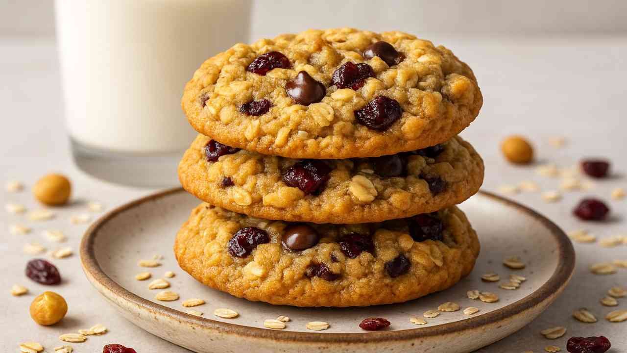 A stack of granola cookies with cranberries, oats, and chocolate chips, served with a glass of milk on the side.