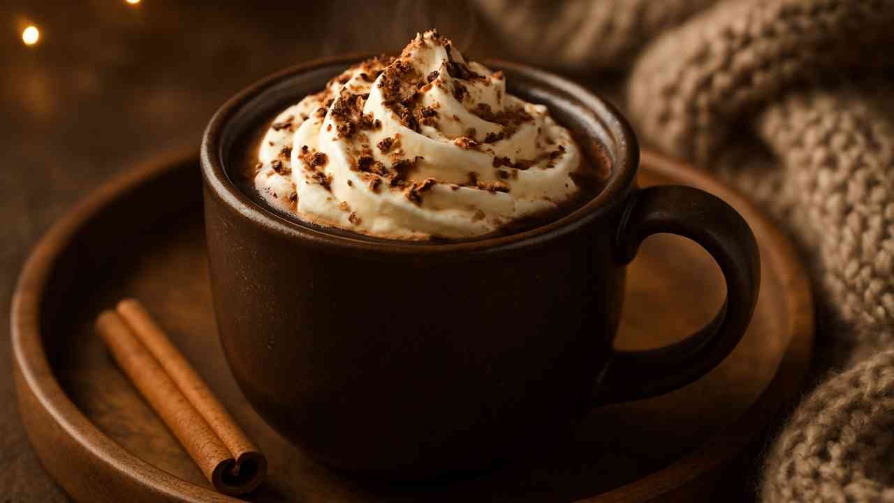 A steaming cup of dark hot chocolate topped with whipped cream and chocolate shavings, served with cinnamon sticks on the side.