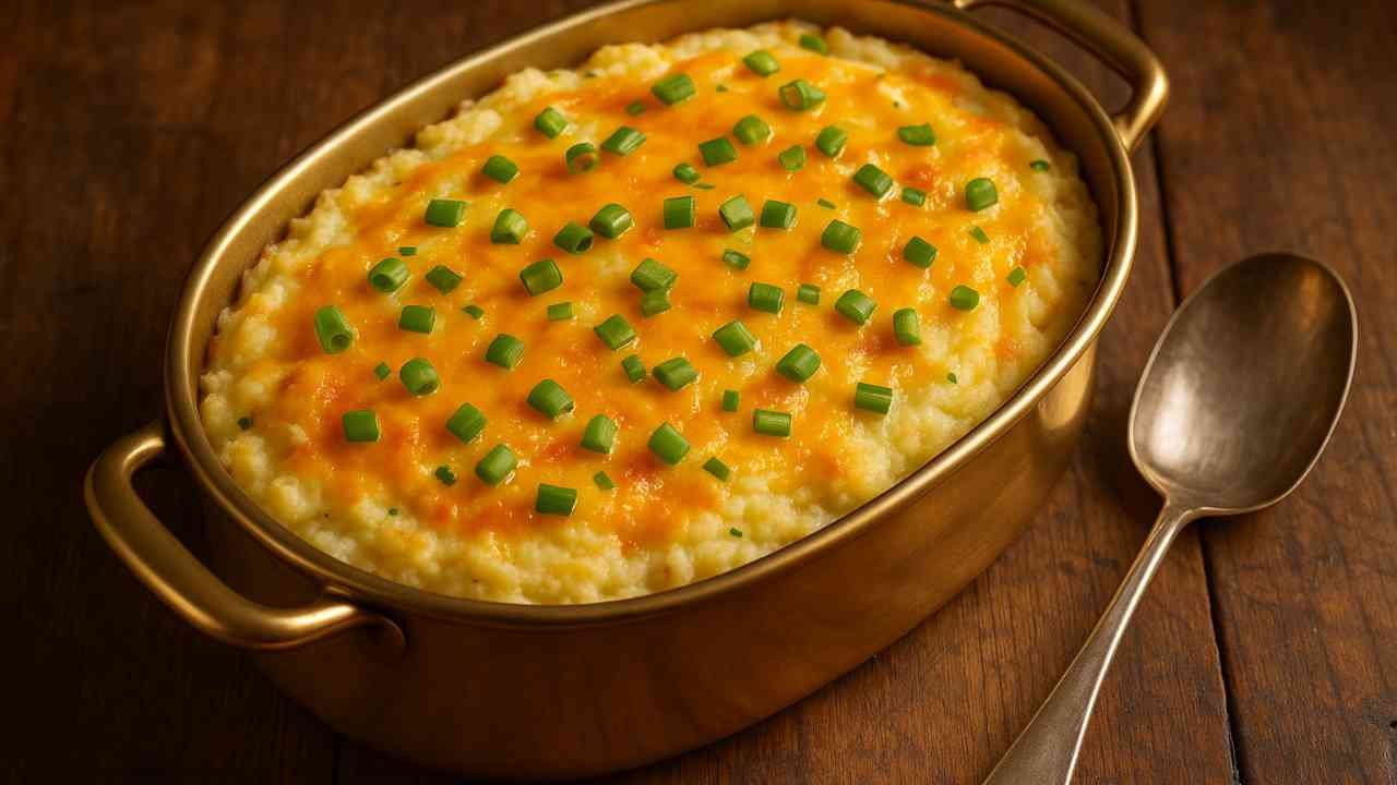 A bowl of twice-baked mashed potatoes with a golden crispy top, topped with melted cheese and green onions.