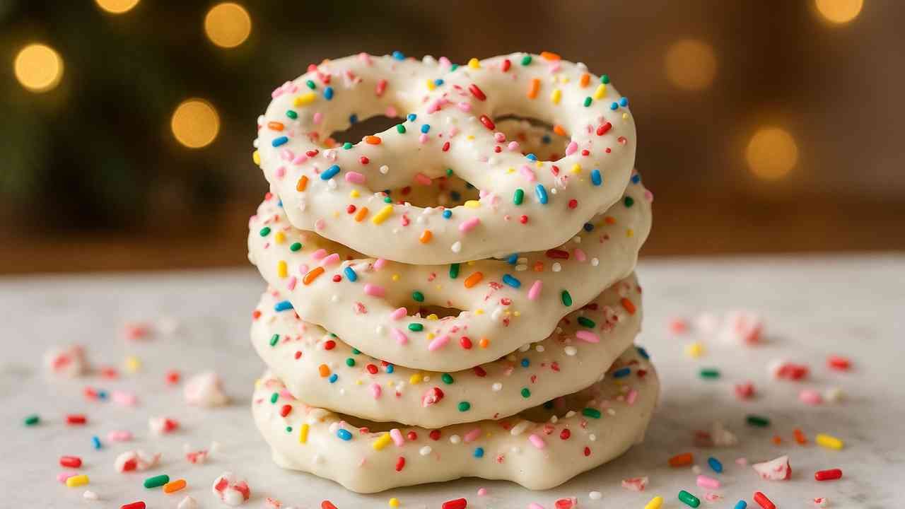 A stack of white chocolate-dipped pretzels with colorful sprinkles, arranged beautifully on a surface.