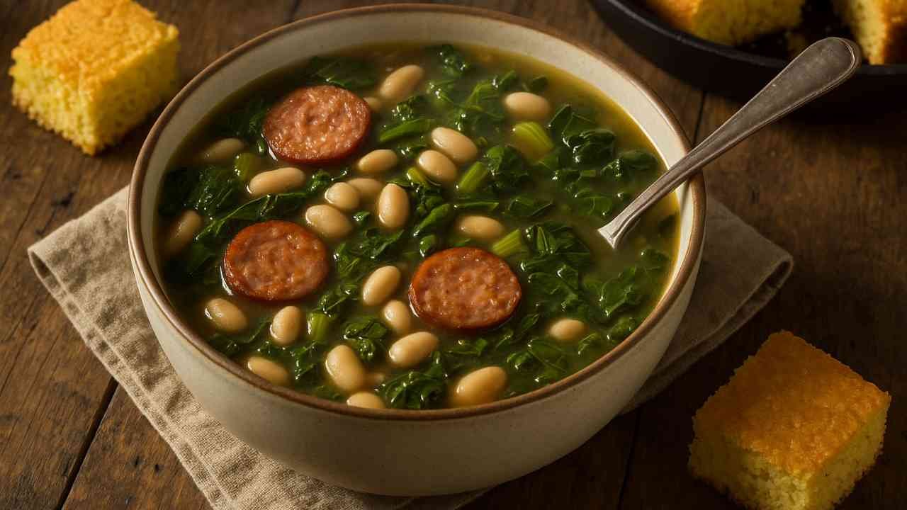 Turnip green soup with sausage, beans, and chopped greens served in a rustic bowl with cornbread on the side