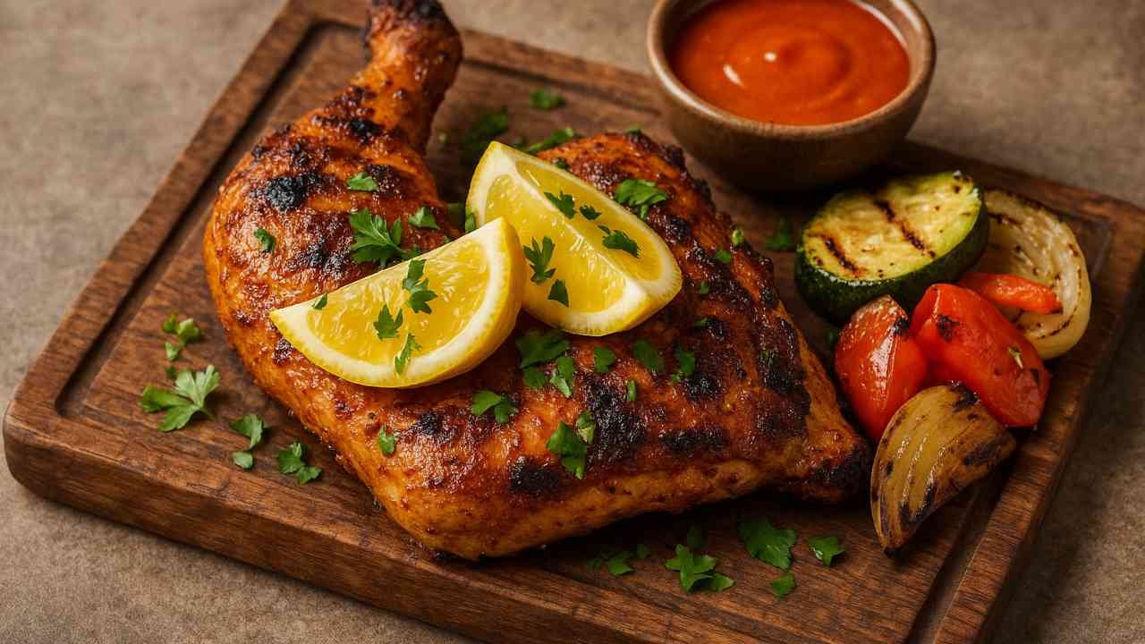 Grilled Portuguese chicken with crispy skin, lemon wedges, and parsley on a wooden board