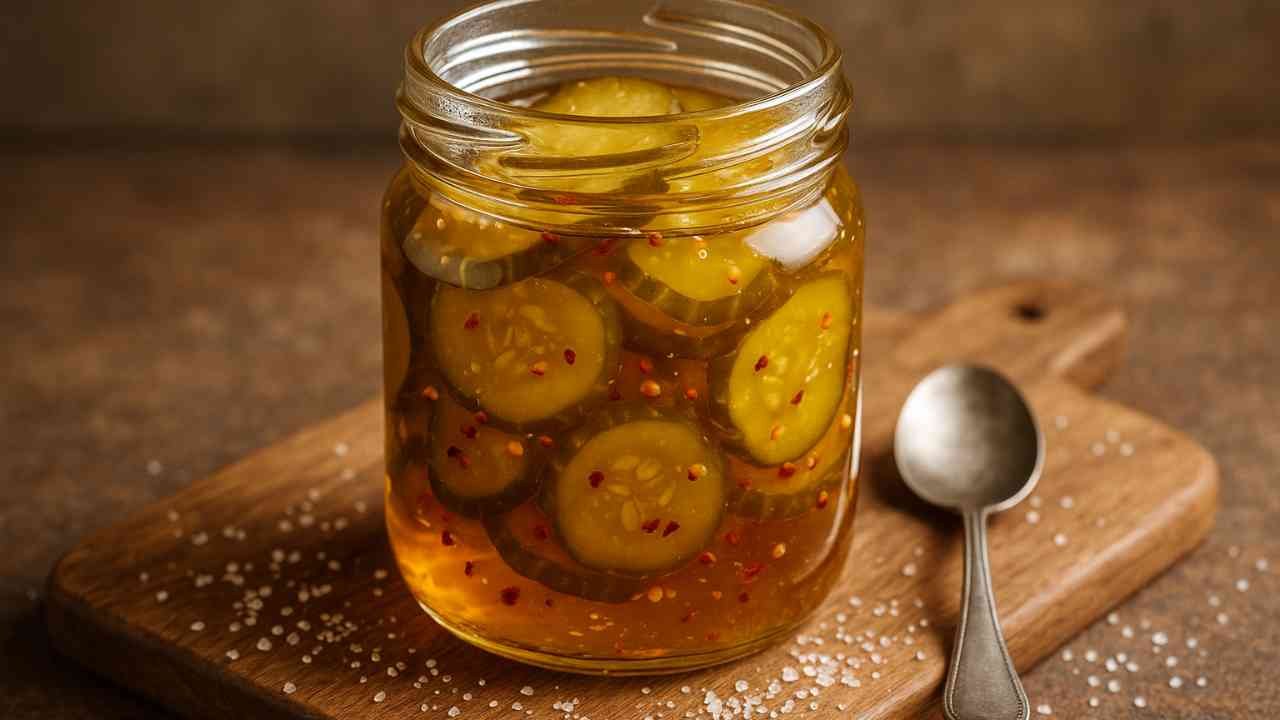 Jar of candied pickles in sweet syrup with chili flakes on a wooden surface