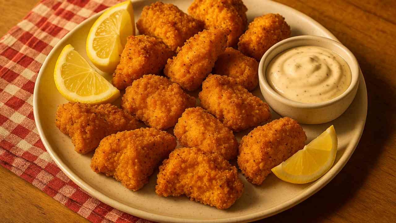 Crispy air fryer catfish nuggets served with lemon wedges and dipping sauce on a Southern-style table