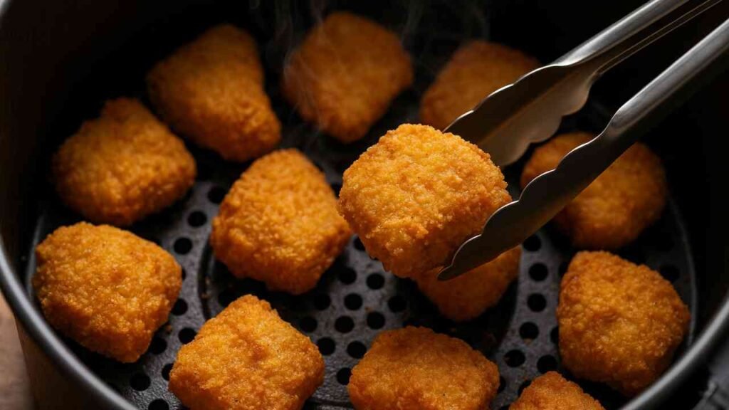 Golden catfish nuggets in an air fryer basket with crispy texture and one piece lifted by tongs