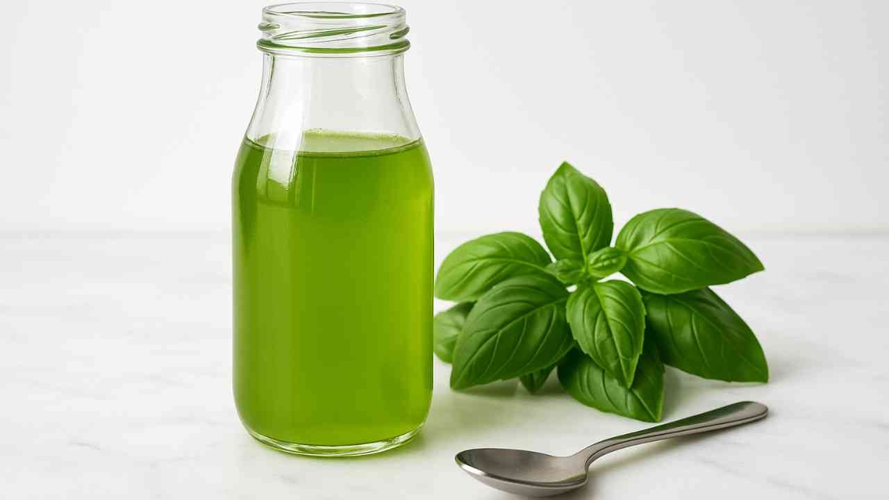 Glass bottle of basil simple syrup with fresh basil leaves on a marble counter