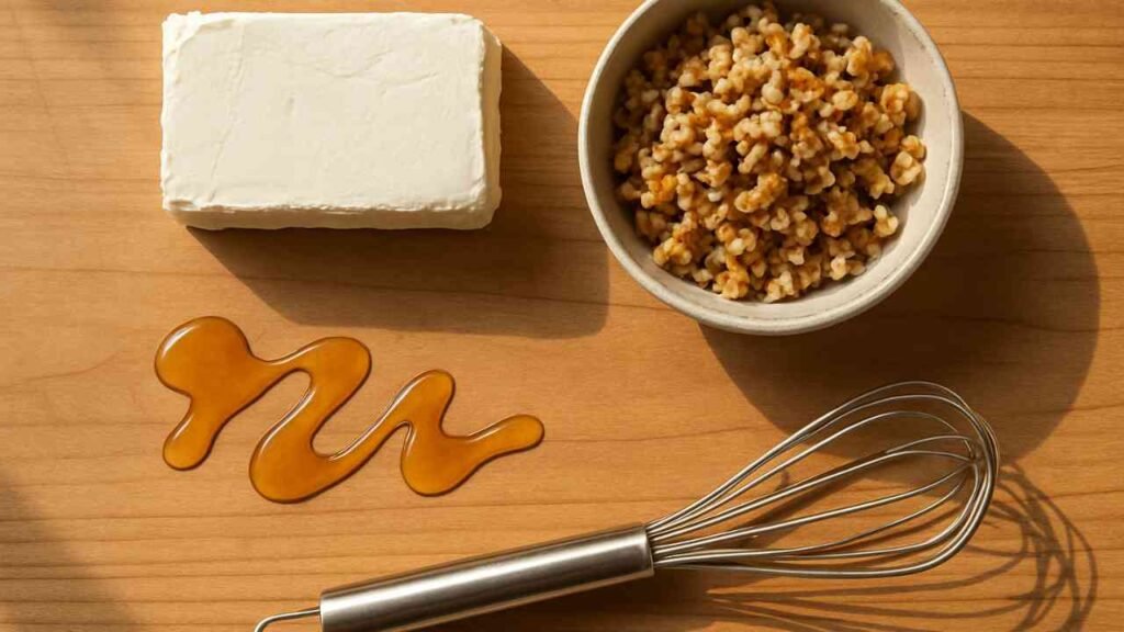 Ingredients for honey walnut cream cheese including cream cheese, walnuts, and honey on a wooden table