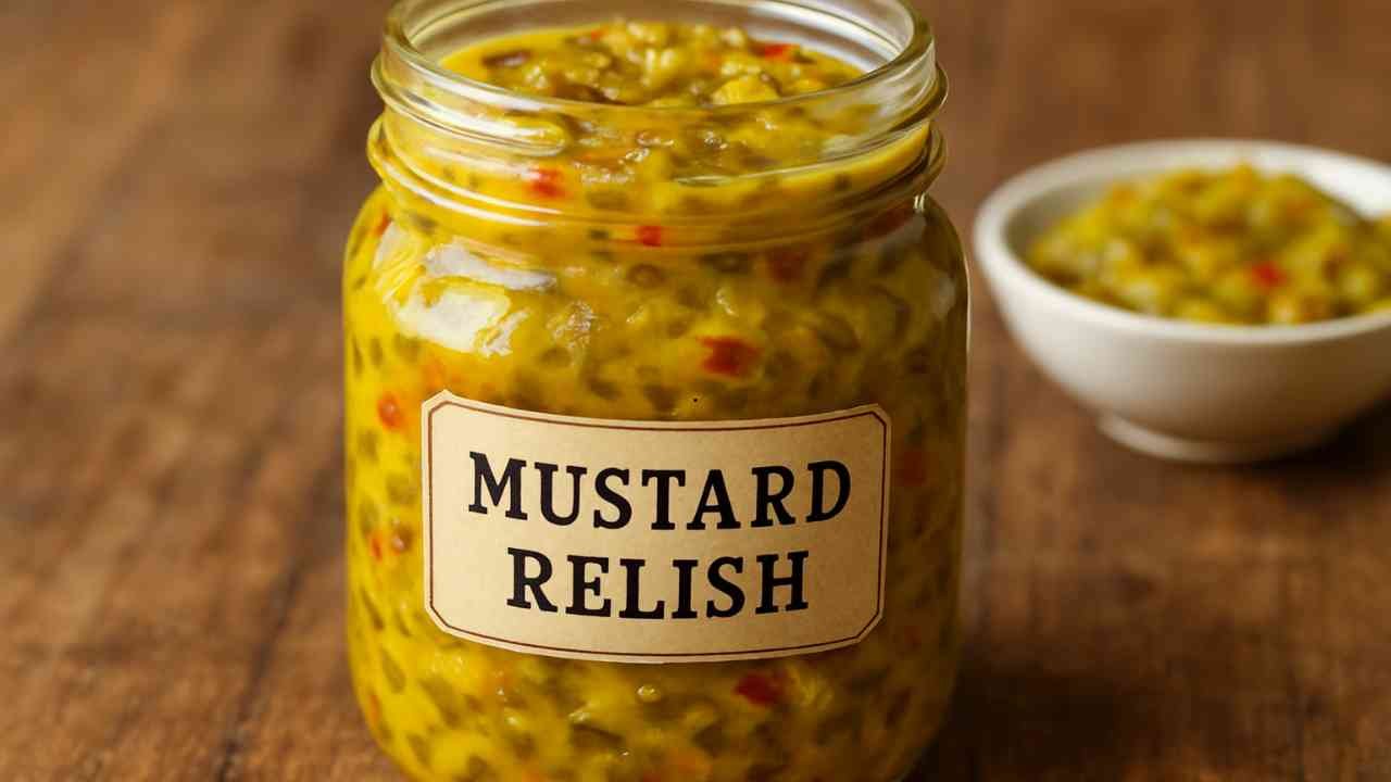 Glass jar filled with mustard relish, labeled and placed on a wooden surface
