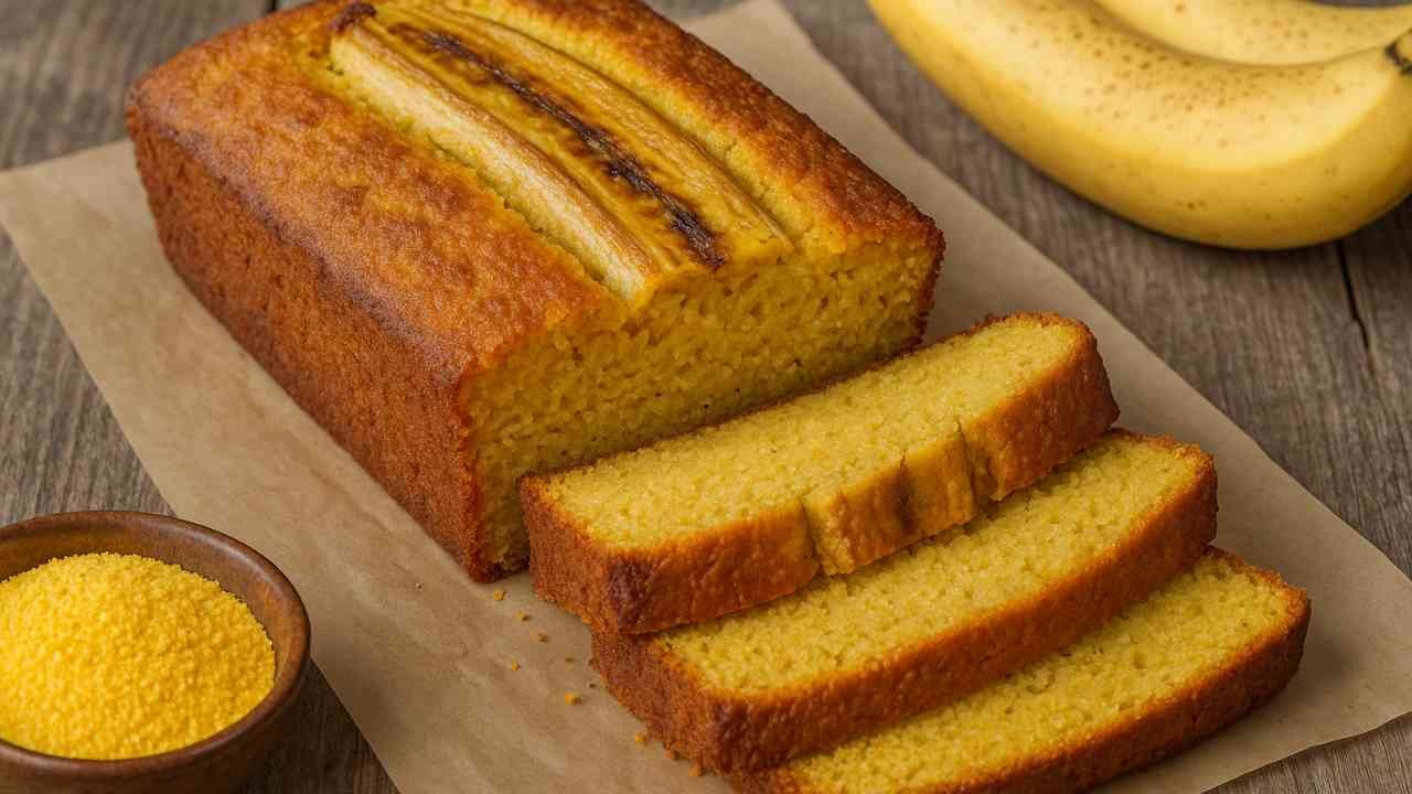 Sliced banana cornbread loaf on parchment paper with bananas and cornmeal on the side