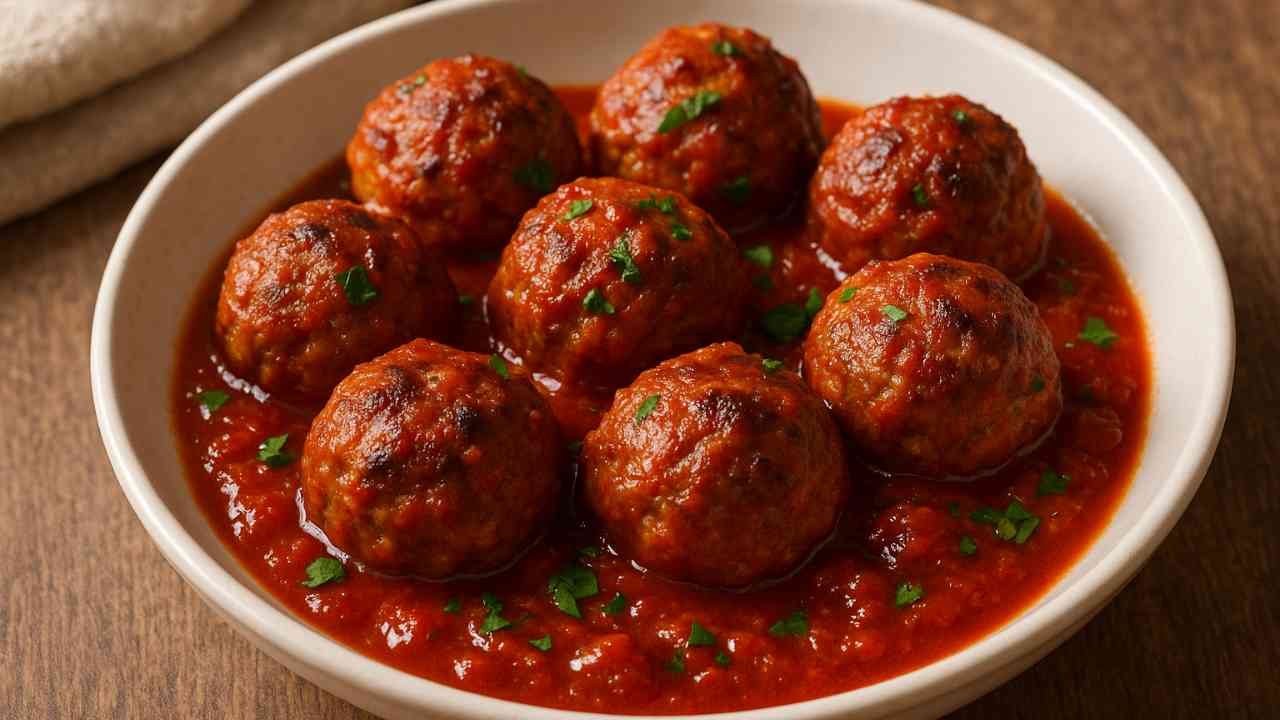 Juicy meatballs served in rich tomato sauce, garnished with chopped parsley in a white bowl