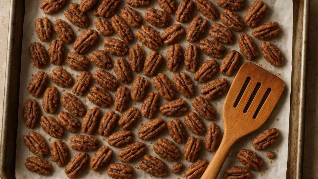 Tray of cinnamon sugared pecans cooling on parchment paper with sugar coating visible