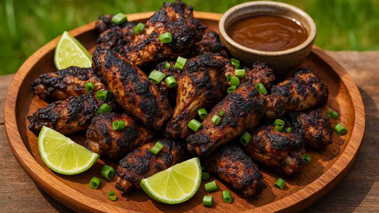 Grilled jerk chicken wings on a wooden platter with lime wedges and dipping sauce
