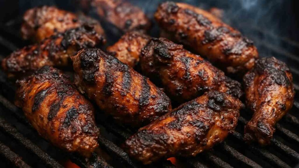 Jerk chicken wings sizzling on the grill with spicy marinade and grill marks