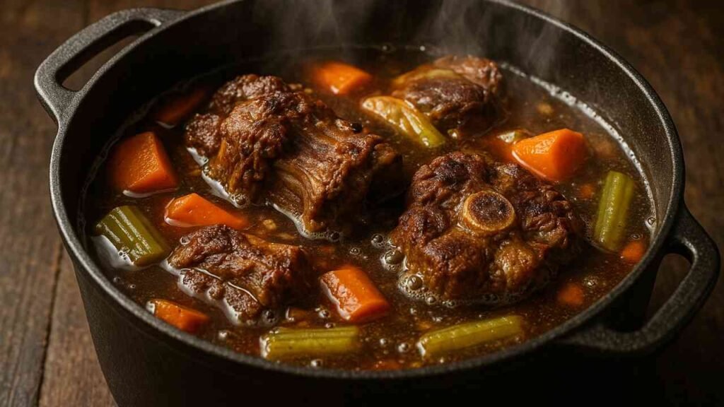 Beef neck bones simmering in pot with vegetables and broth