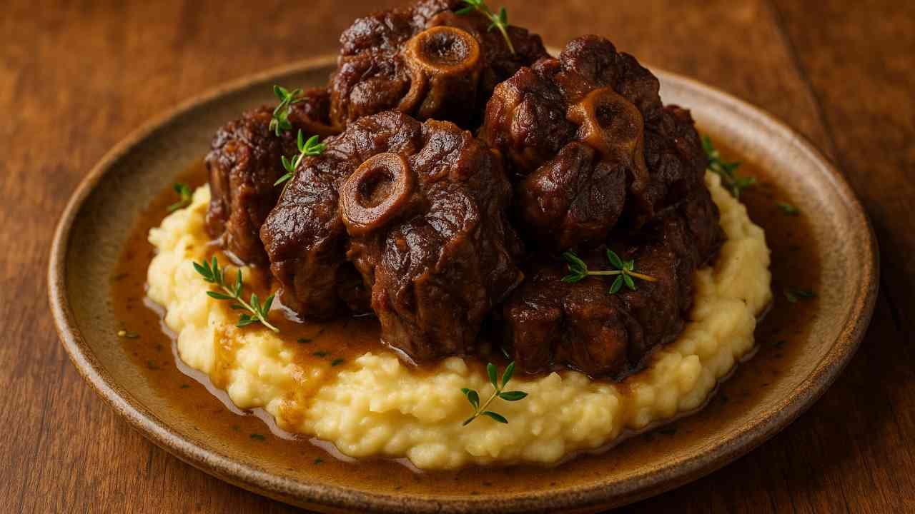 Tender beef neck bones served with mashed potatoes and fresh thyme on rustic plate