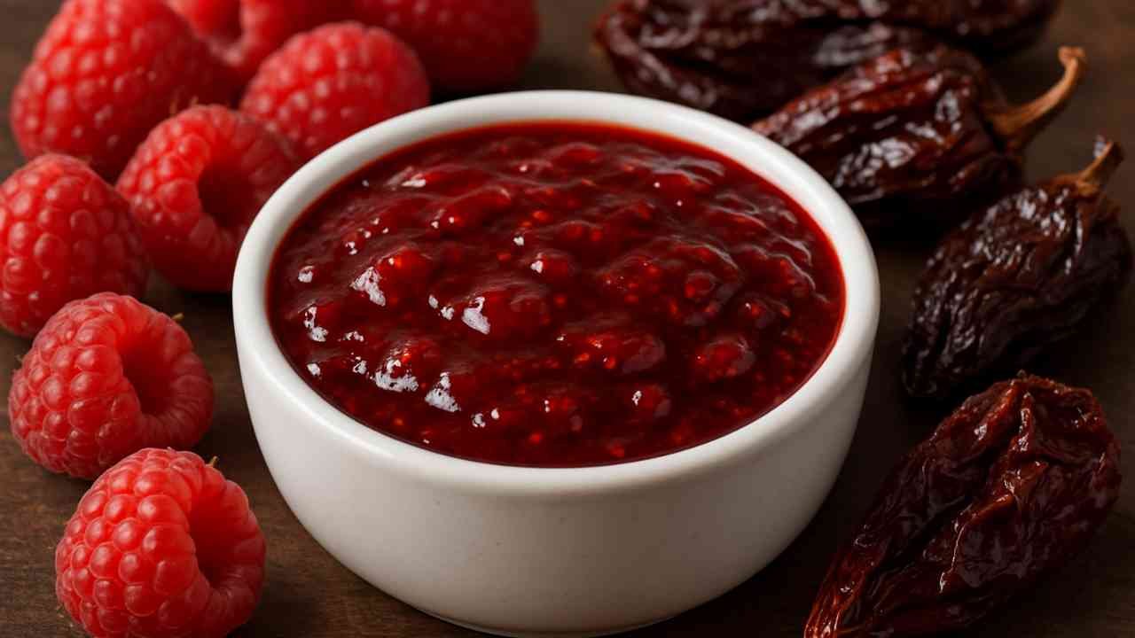 Close-up of Raspberry Chipotle Sauce in a bowl with raspberries and chipotle peppers.