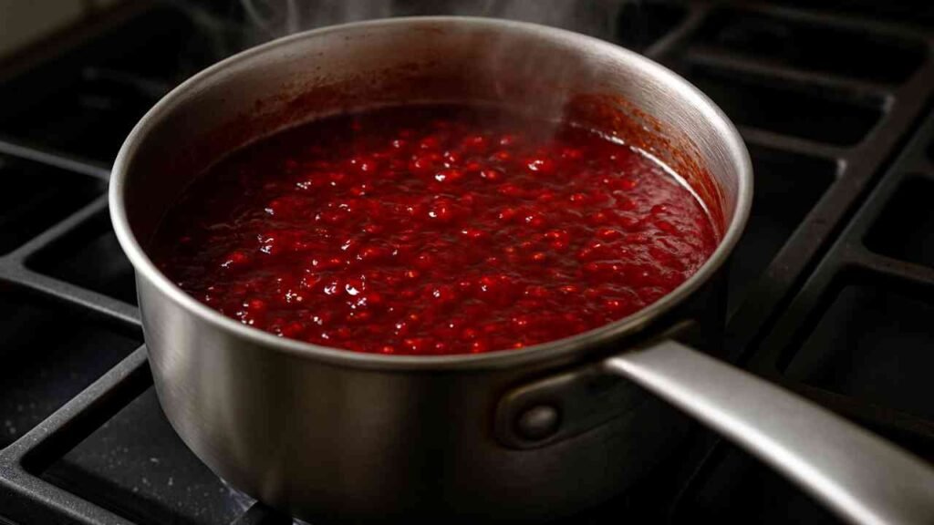 Raspberry Chipotle Sauce simmering in a saucepan.