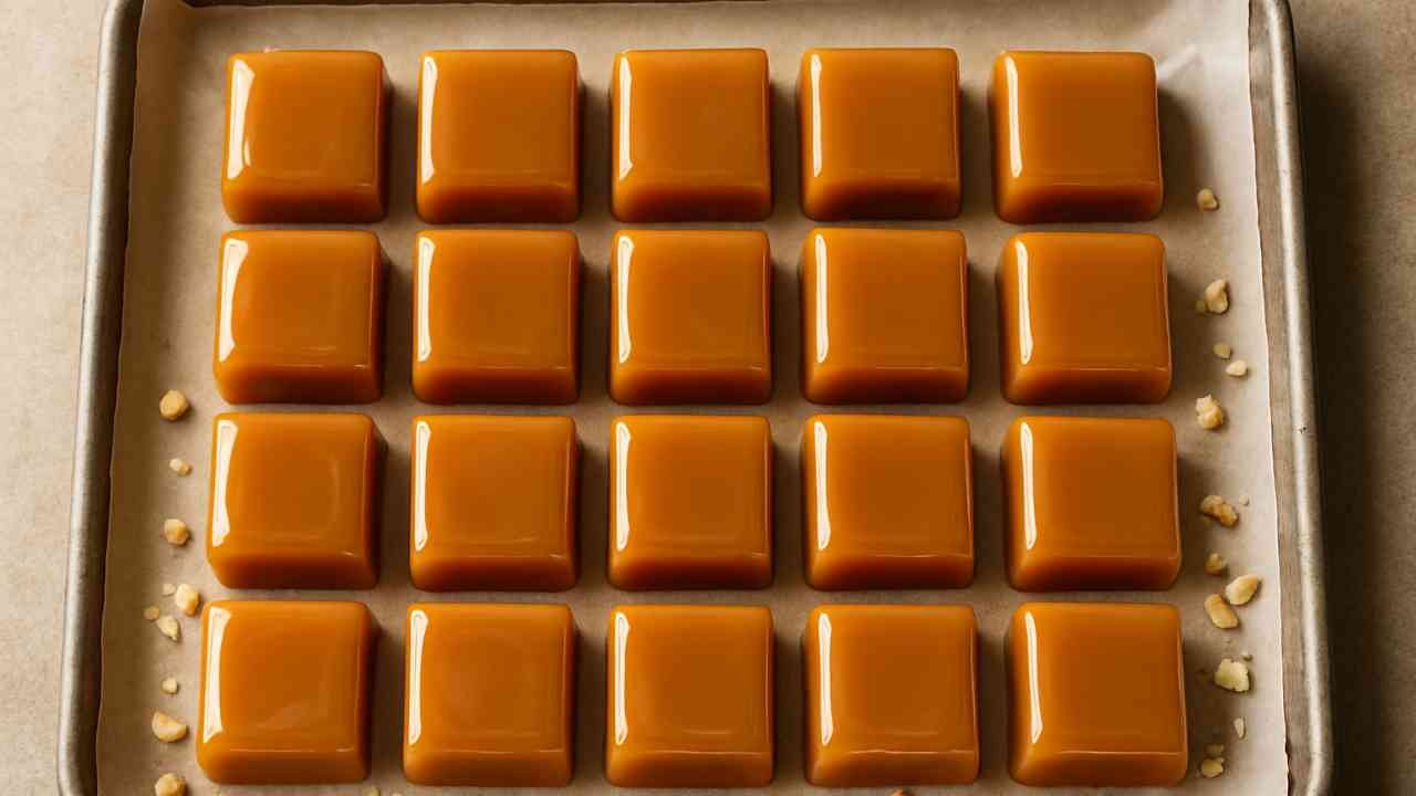 Homemade Butterscotch Candy pieces on parchment paper with chopped nuts.