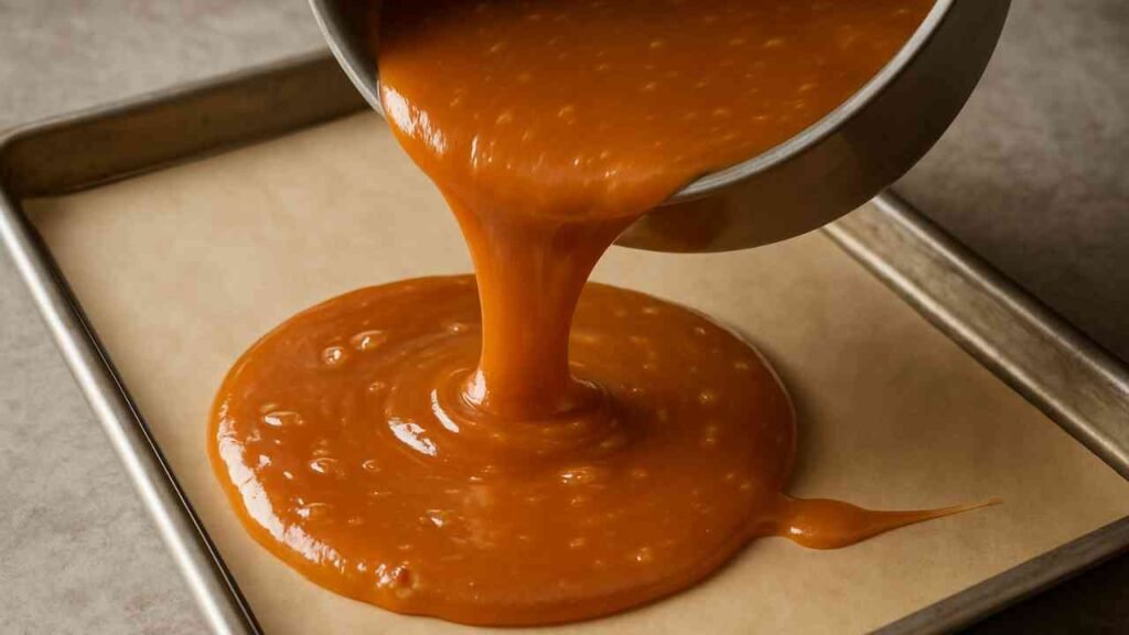 Pouring Butterscotch Candy mixture onto a parchment-lined baking sheet.